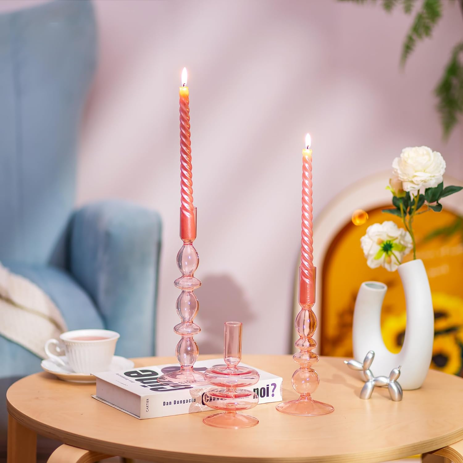Glass Pink Candle Holder Unique Candle Holders Set of 3, Modern Taper