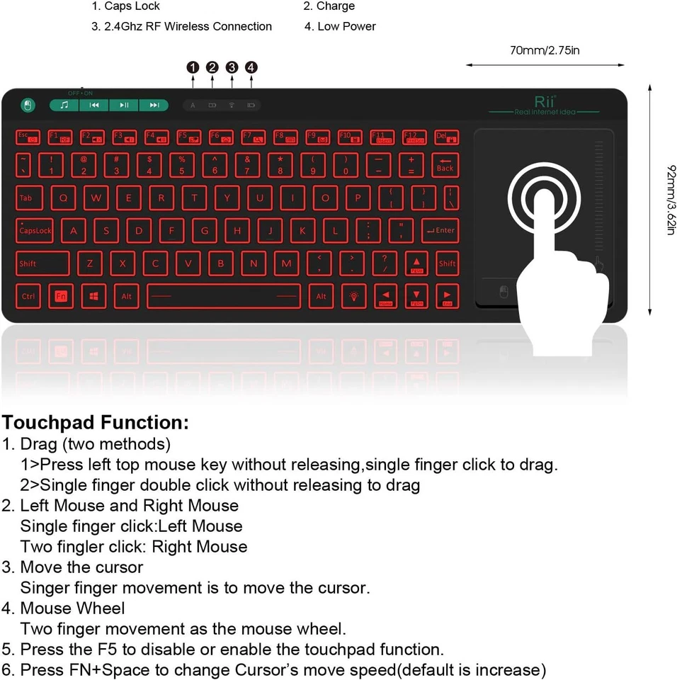 K18 plus Wireless 3-LED Color Backlit Multimedia Keyboard with Multi-Touch B - Image 2 of 4