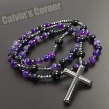 Purple Agate Black Onyx Bead Black Hematite Cross Rosary Necklace Men Women Gift