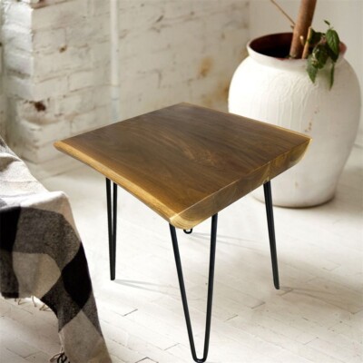 Natural Teak Wood Square End Side Table with Hairpin Legs 20.9'' H Home Decor
