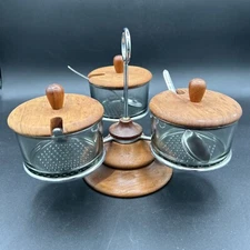 Vintage Denmark Teak Wood & Tinted Glass Mid Century Danish Condiment Set