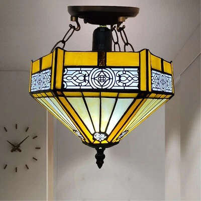E-TRADEMART Tiffany Yellow Hexagon Ceiling Lamp 10 inch Stained Glass Shade Antique Style