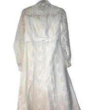 Vintage Off White Lace High Neck Straight Wedding Dress with Train  Veil