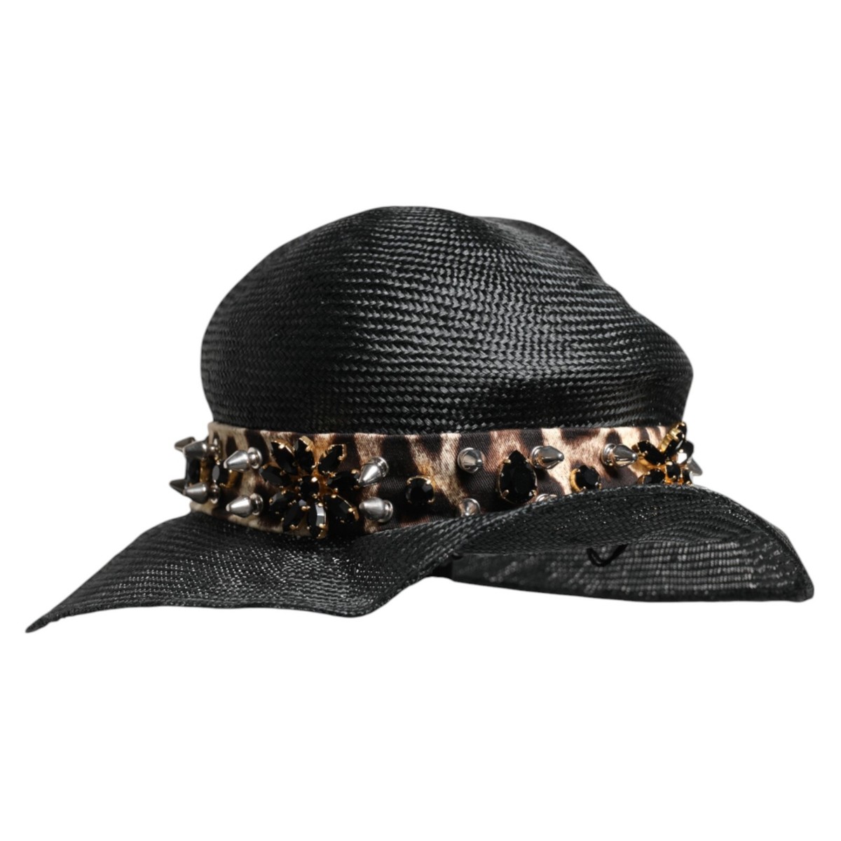 DOLCE & GABBANA Hat Black Straw Crystal Embellish Women Wide Brim