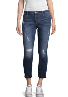 Junior Size 11, HI-RISE DENIM JEGGING CROP Raw-Hem Destroy Capri Jean (#sh6m)