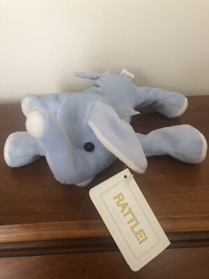 Vintage Jerry Elsner Blue Elephant Plush Rattle Baby Toy Jerry Pets Creation Tag