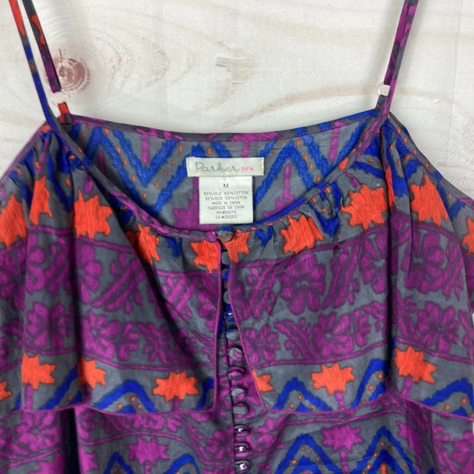 Parker Pink Top Womens M Silk Blend Cami Sleeveless Floral Scoop Neck Button Up - Image 2 of 4