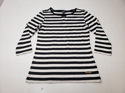 Jones NY Signature Womens Shirt 3/4 Sleeve Keyhole Black White Striped Sz S