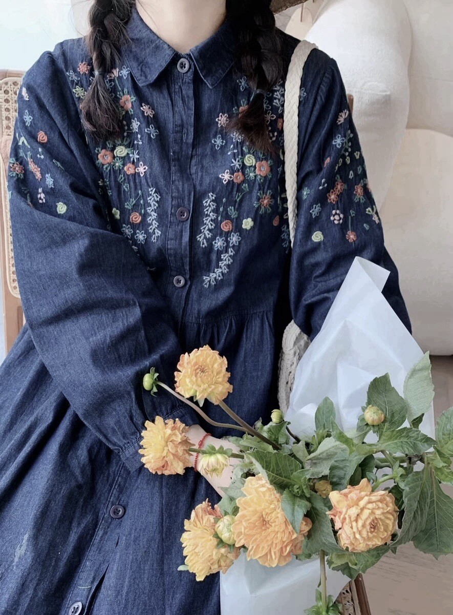Women's Soft Denim Embroidered Mori Forest Style Long Shirt Dress One Size  XS-XL | eBay