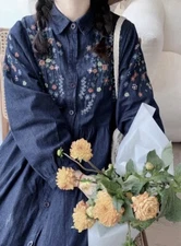 Women’s Soft Denim Embroidered Mori Forest Style Long Shirt Dress One Size XS-XL