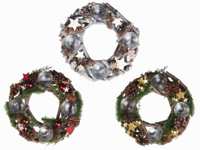 Adventskranz Ø 28 cm 4 Teelichthaltern aus Glas  Tischkranz Weihnachtsdeko NEU