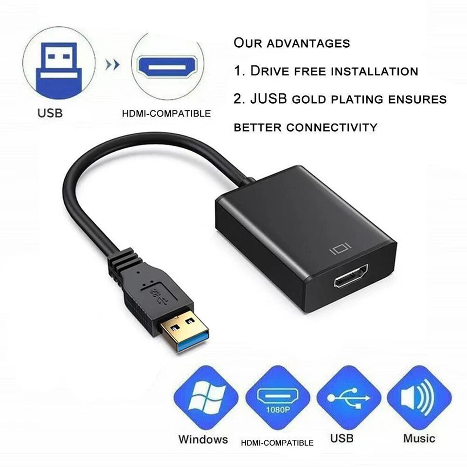 USB HDMI Adapter USB zu HDMI Adapter USB 2.0 3.0 HD 1080P (Schwarz) - Bild 4 von 4