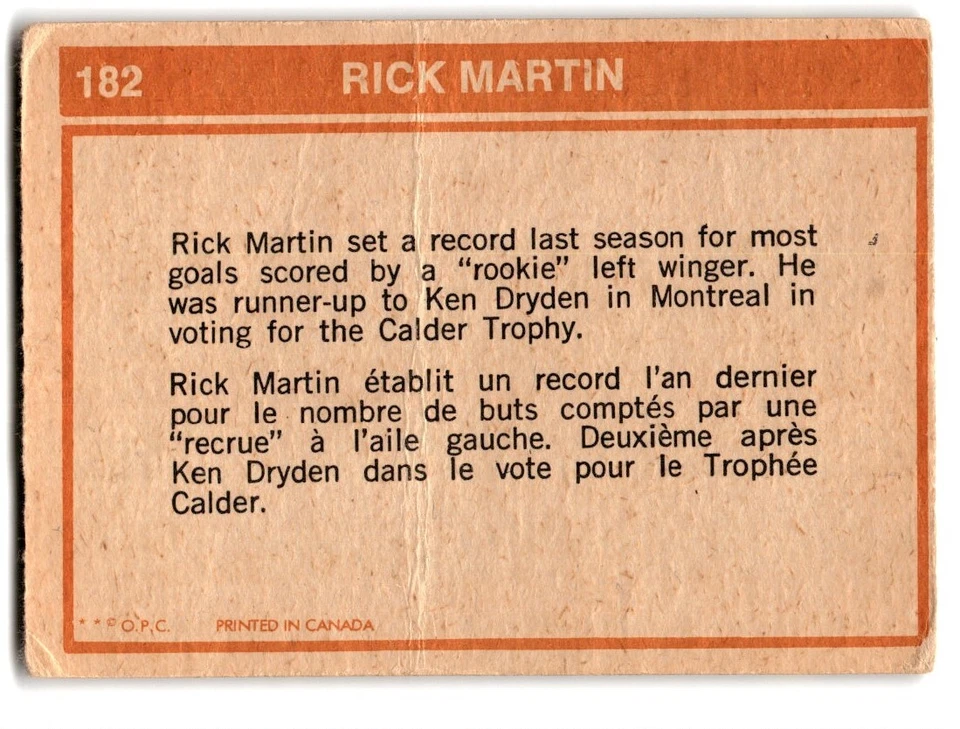 1972-73 O-Pee-Chee Rick Martin #182 CREASED Buffalo Sabres - Image 2 of 2