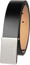 Calvin Klein Men's Modern Plaque Buckle Belt with Logo Detail for Dress Pants