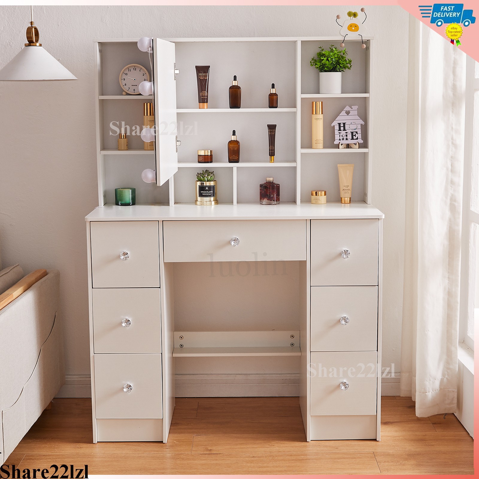 Vanity Set with Led Lights Mirror Makeup Desk Dressing Dresser Table 7 Drawers