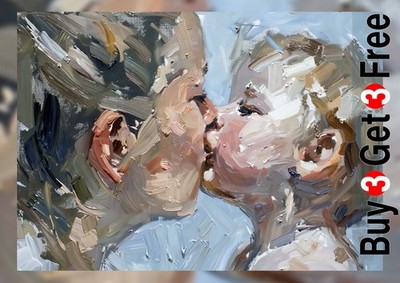 Zarte Mutter Kind Kuss Öl 5''x7'' Druck auf mattem Papier | Liebevolle Bindung Kunst