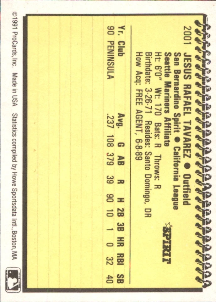 Jesus Tavarez 1991 ProCards #2001 RC San Bernardino Spirit *AutographDen* - Image 2 of 2