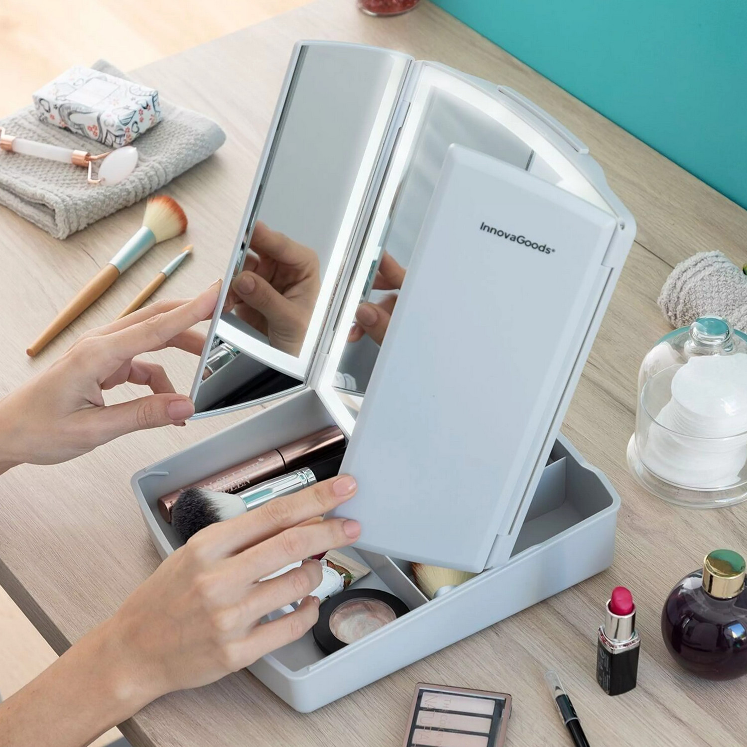 Miroir LED pliant panoramique 3-en-1 anti-ombre avec rangement cosmétique pour coiffeuse encombrée