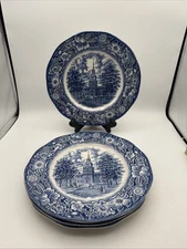 Vintage Liberty Blue Staffordshire Independence Hall 10” Dinner Plates, set of 4