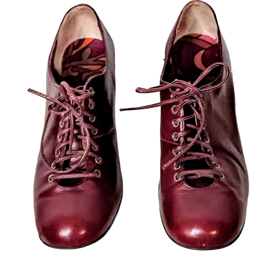 1960s Mod Leather Lace Up Shoes Chunky Heel Psychedlic Pattern Fabric Insole 7M - Image 4 of 4