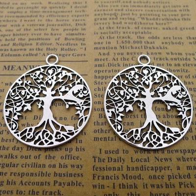 15PCS Antique Silver Tone Filigree Tree Round Pendant Charm JHS609