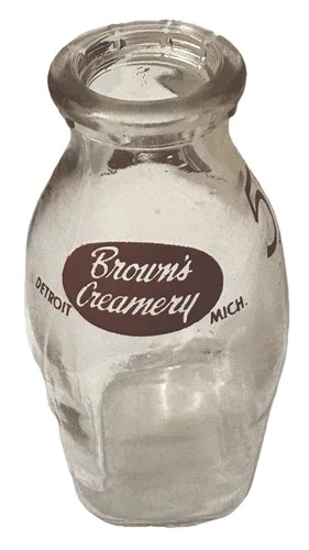 Vintage Brown’s Creamery Detroit MI Pint Glass Milk Bottle 5¢ Deposit Red Logo