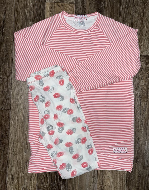 GIRLS OUTFIT RUFFLE GIRL BOUTIQUE SIZE 16 / 18 PINK & SHIMMER KISSES LIPS CUTE