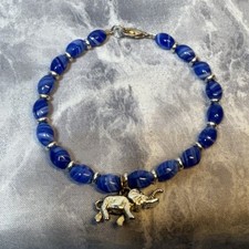 Bracelet With Elephant Charm Blue Glass Beads 7.5  Lobster Claw Clasp, Fashion