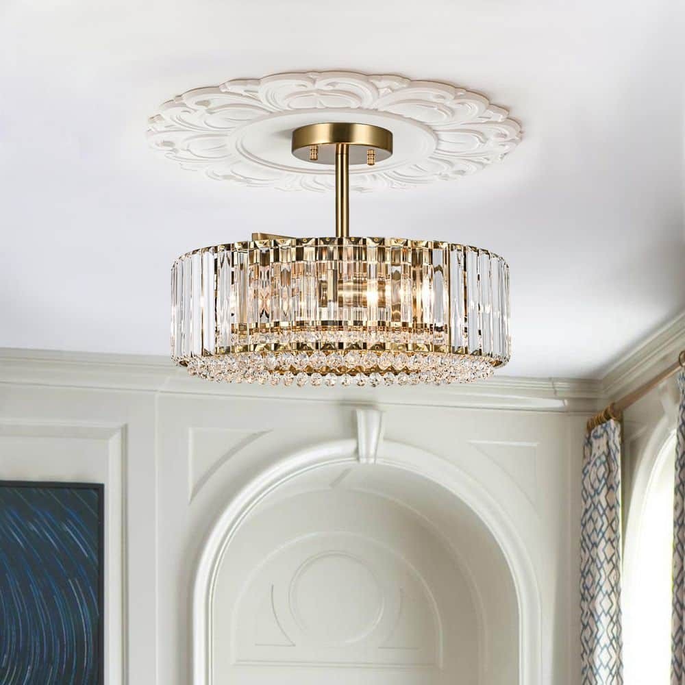 Modern 40cm Gold Crystal Round Semi-Flush Mount Ceiling Light Fixture
