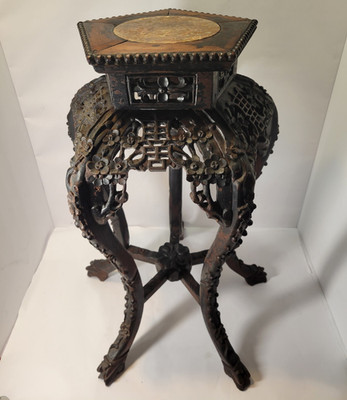 Dark Brown Wood Asian Carved Floral Hexagonal Pedestal Accent Table 14'' H