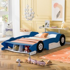 99" Full Size Car-shaped Bed w/ Wheels for Kids Bedroom Blue Race Car Bed Frame