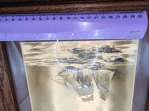 Vintage Gold Foil Art Sailboat Seascape Wooden Oak Framed Wall Art 12.5x10.5" - Picture 8 of 8