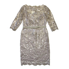 NWT TADASHI SHOJI Paillette Embroidered Tulle Sheath in Sand Belted Dress 6