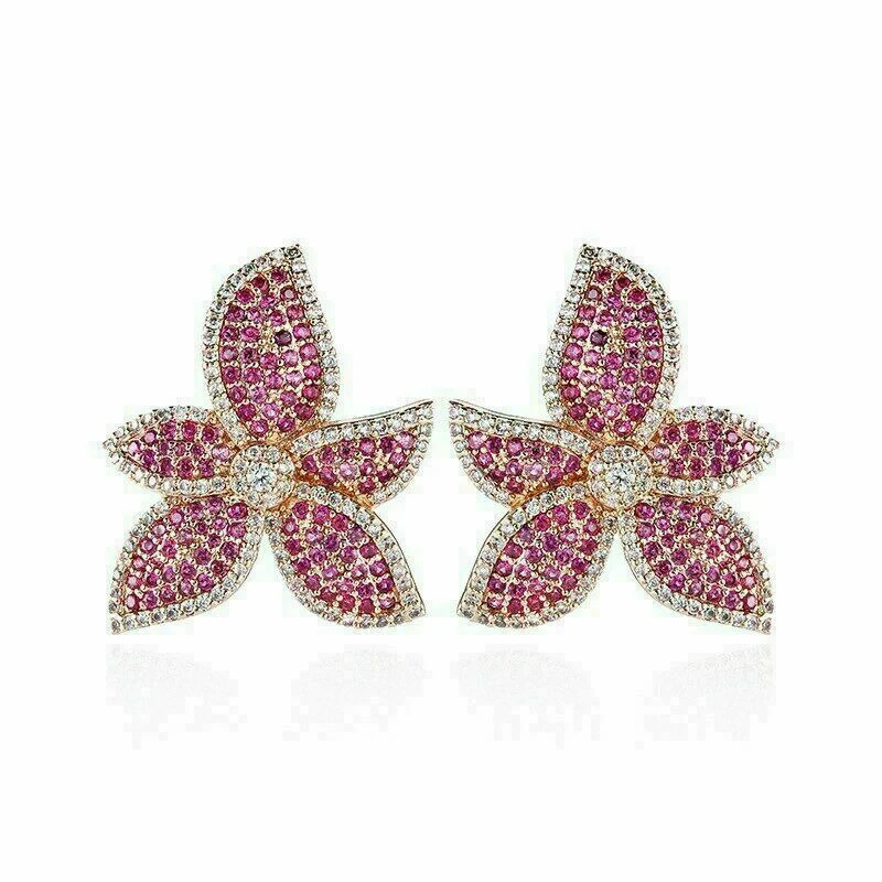 1.50Ct Round Cut Pink Ruby & Diamond Flower Stud Earrings 14K Yellow Gold Finish - Image 3 of 4