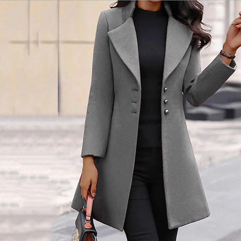 Womens Lapel Long Jacket Blazer Suit Slim Overcoat Spring Woolen Trench  Coat