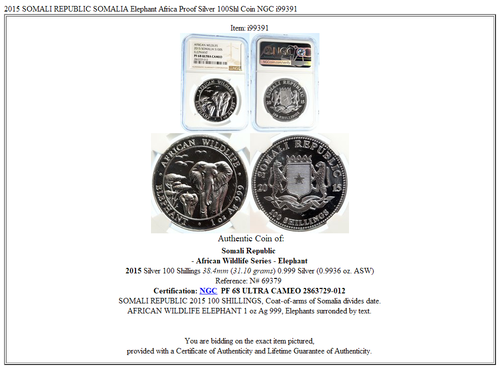 2015 SOMALI REPUBLIC SOMALIA Elephant Africa Proof Silver 100Shl Coin NGC i99391 - Picture 5 of 5