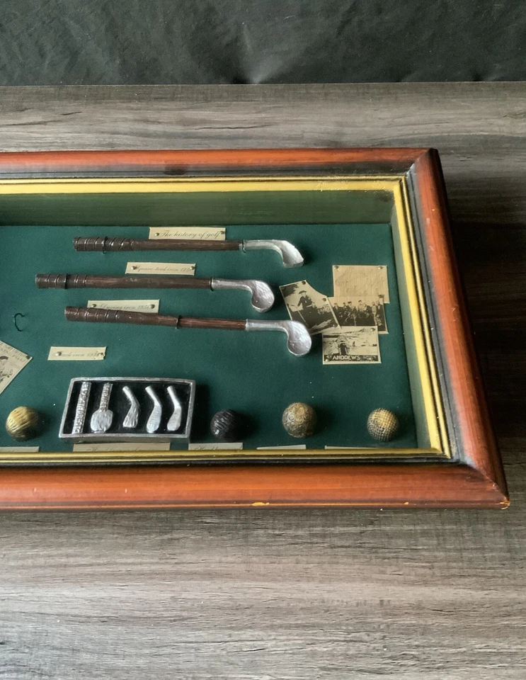 Expositor de caja de sombra de hierros y pelotas de golf historia vintage de la evolución del golf Foto 4 de 4