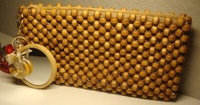 Wood Beaded, Zipper Clutch - Faux Seashell Keychain - Bamboo Purse Mirror