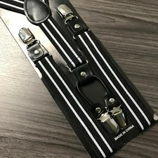 4-Clip Black w/ White Strips Suspender Adult Men Women Teen Wedding (US Seller) 
