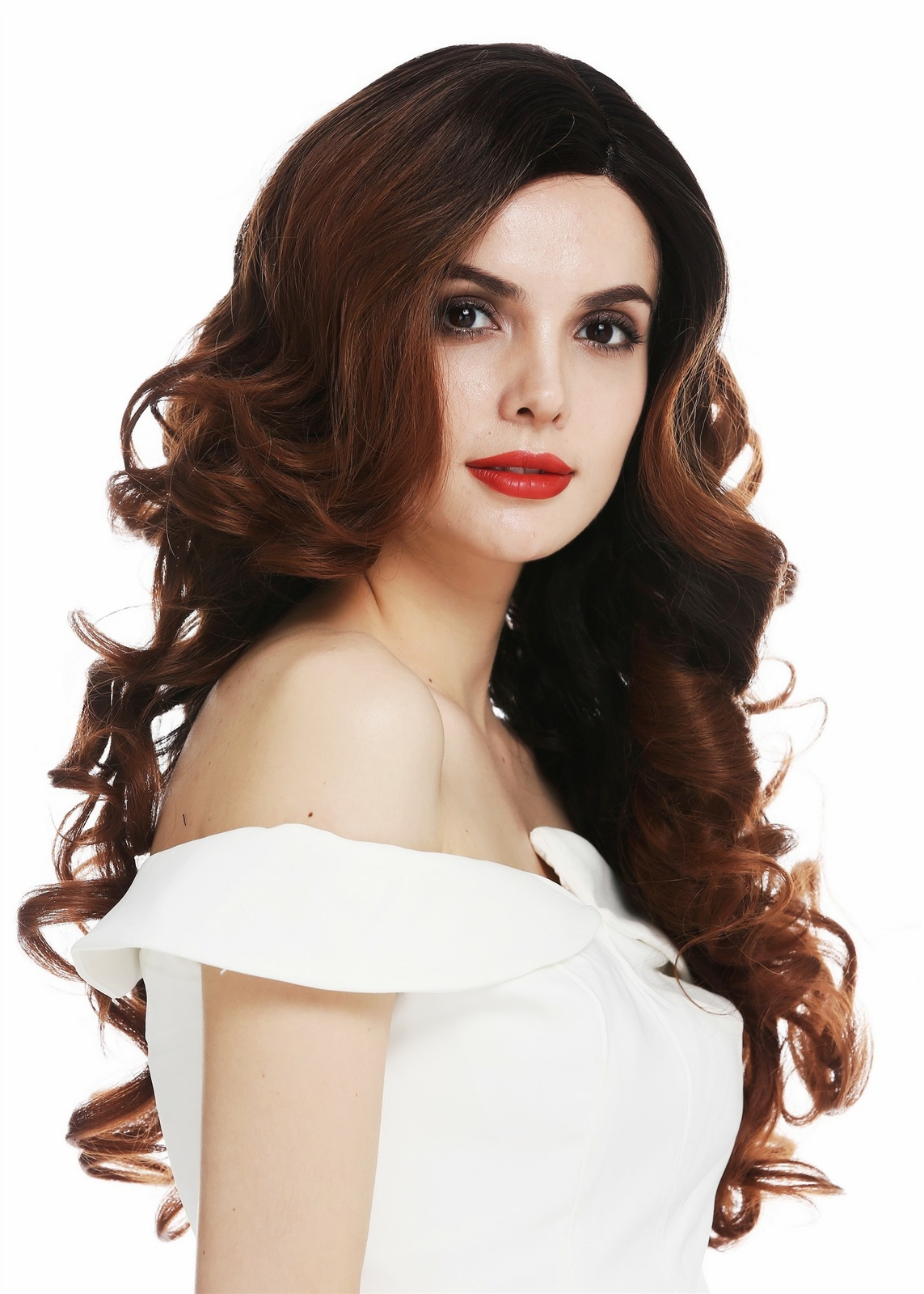 Ladies Long Curly Lace Front Wig in Black Copper Brown Balayage