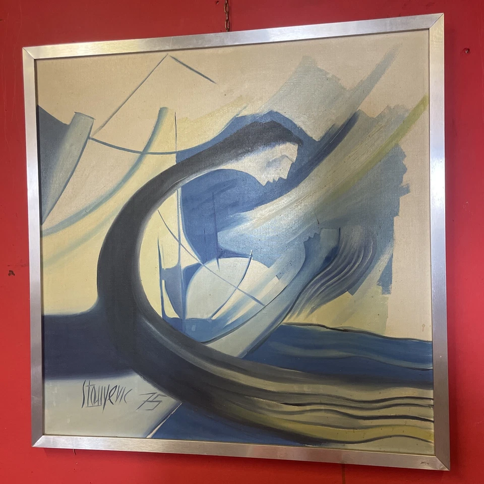 quadro arte moderna dipinto a mano ad olio su tela futurista con cornice vintage - Immagine 4 di 4