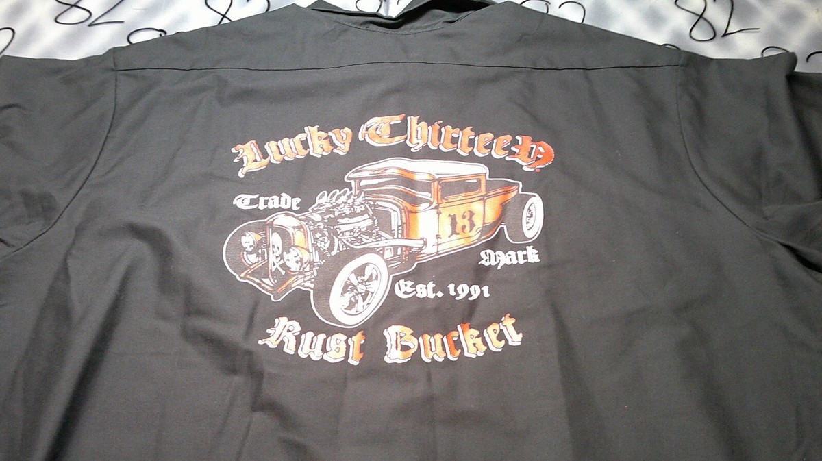6XL Lucky 13 Apparel Button Up Rust Bucket Hot Rod Black Mechanics Shirt View 5