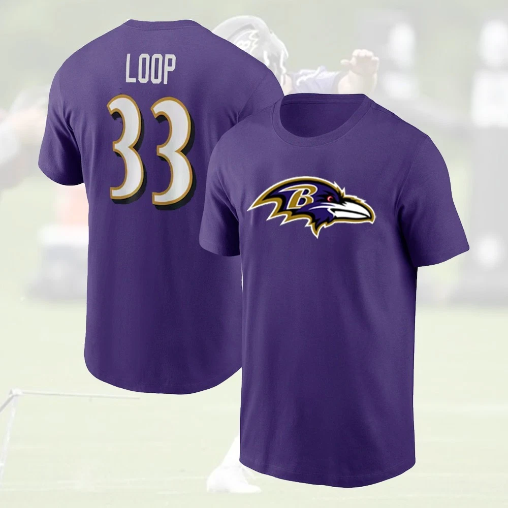 Tyler Loop #33 Baltimore Ravens 2025 Player Name & Number Double Sided T-Shirt