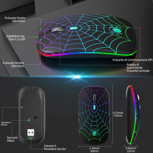 Mouse Wireless Ricaricabile con Convertitore USB e Tipo C RGB a 7 Colori - Foto 16 di 24
