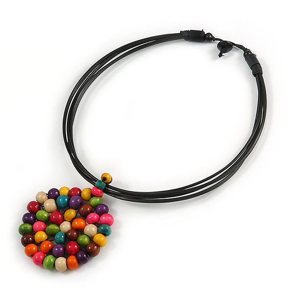 Black Rubber Cord Necklace with Multicoloured Wood Bead Medallion