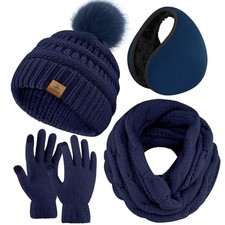 4-In-1 Winter Warm Sets Knitted Scarf Touch Screen Gloves Beanie Pompom Navy