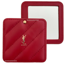 YSL Beaute Pocket Hand Mirror Red Faux Leather Quilted Soft Cushion design Boxed