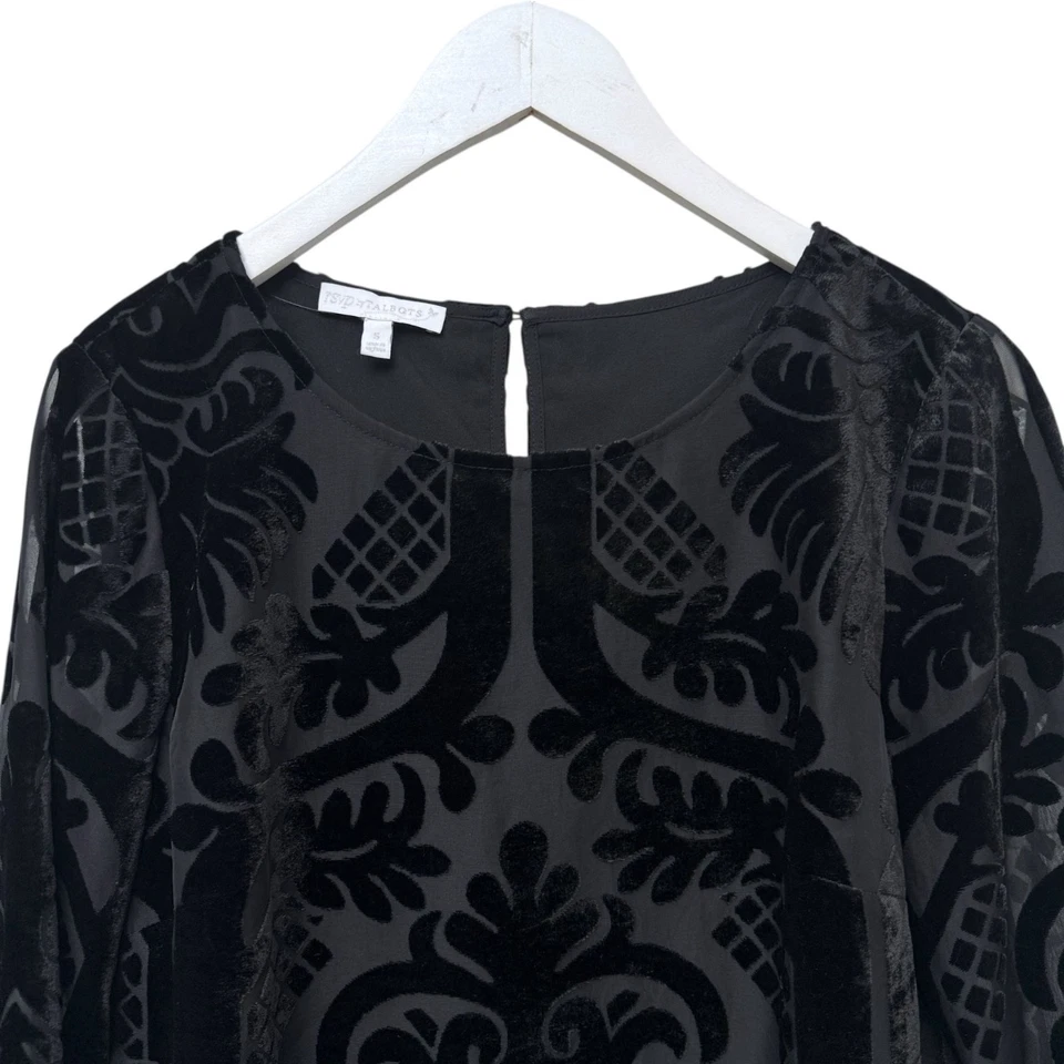 Blusa Talbots RSVP Veludo Preto Tamanho Pequeno Burnout Scroll Noite Férias - Imagem 2 de 4