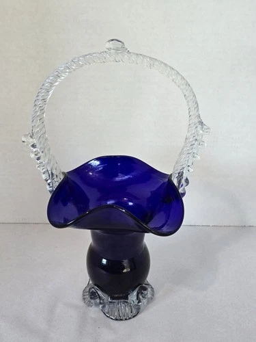 Vtg Cobalt Blue Murano Style Glass Hand-Blown Basket  Beautiful