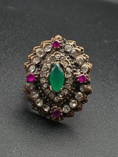 Vintage Bronze Tone Whimsigoth Cluster Ring Green Red Glass Adjustable O